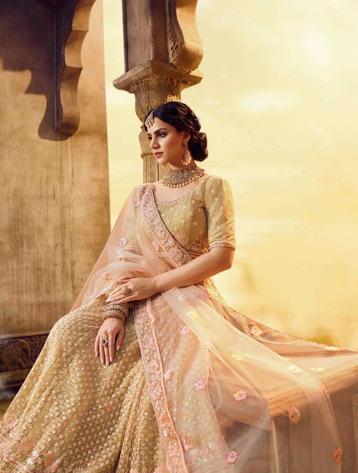 Semi-Stitched Gold Net Lehenga | Embroidered Lehenga with Aari Work