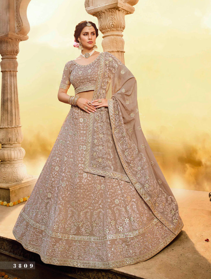 Semi-Stitched Light Brown Lehenga | Georgette with Unstitched Blouse