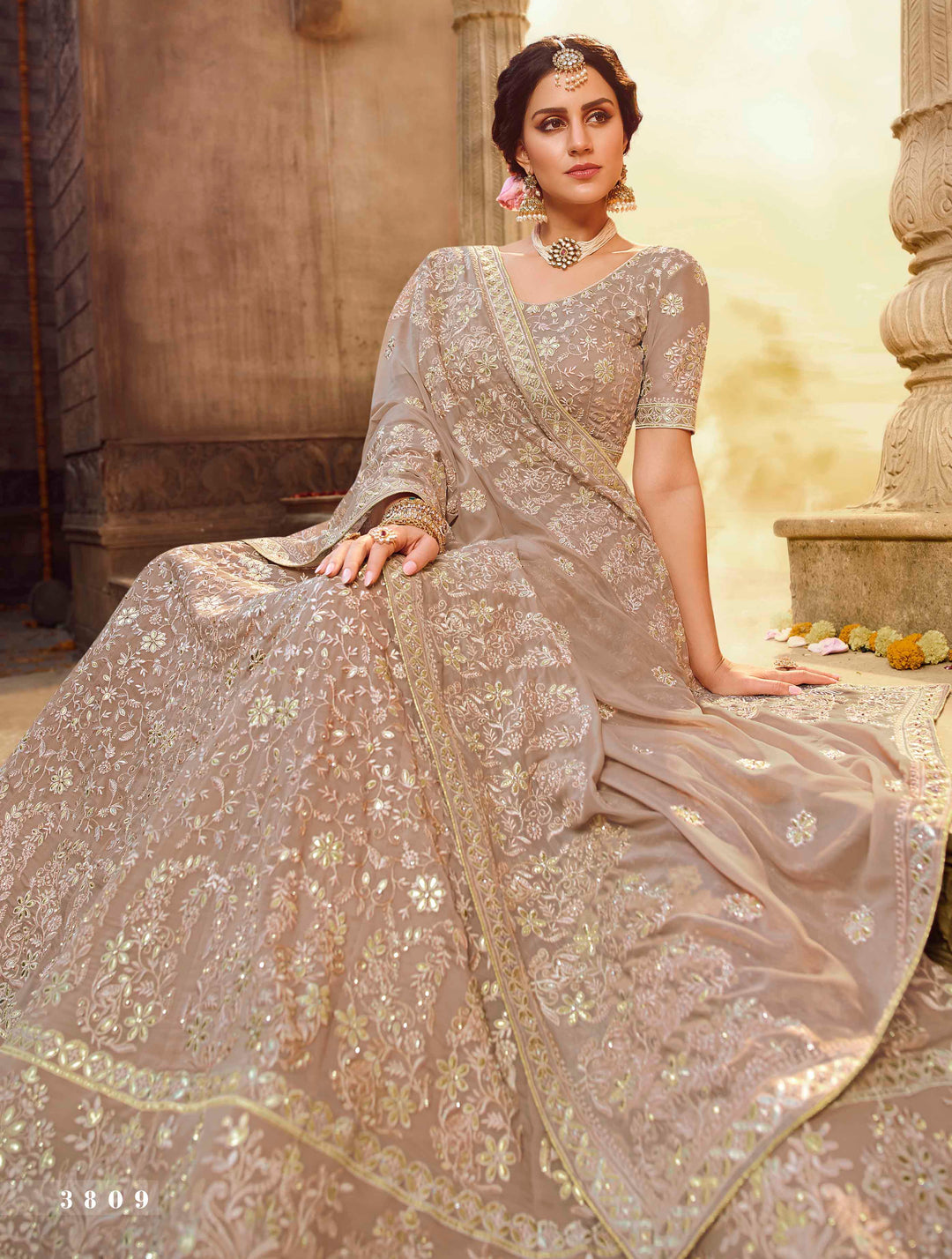 Semi-Stitched Light Brown Lehenga | Georgette with Unstitched Blouse