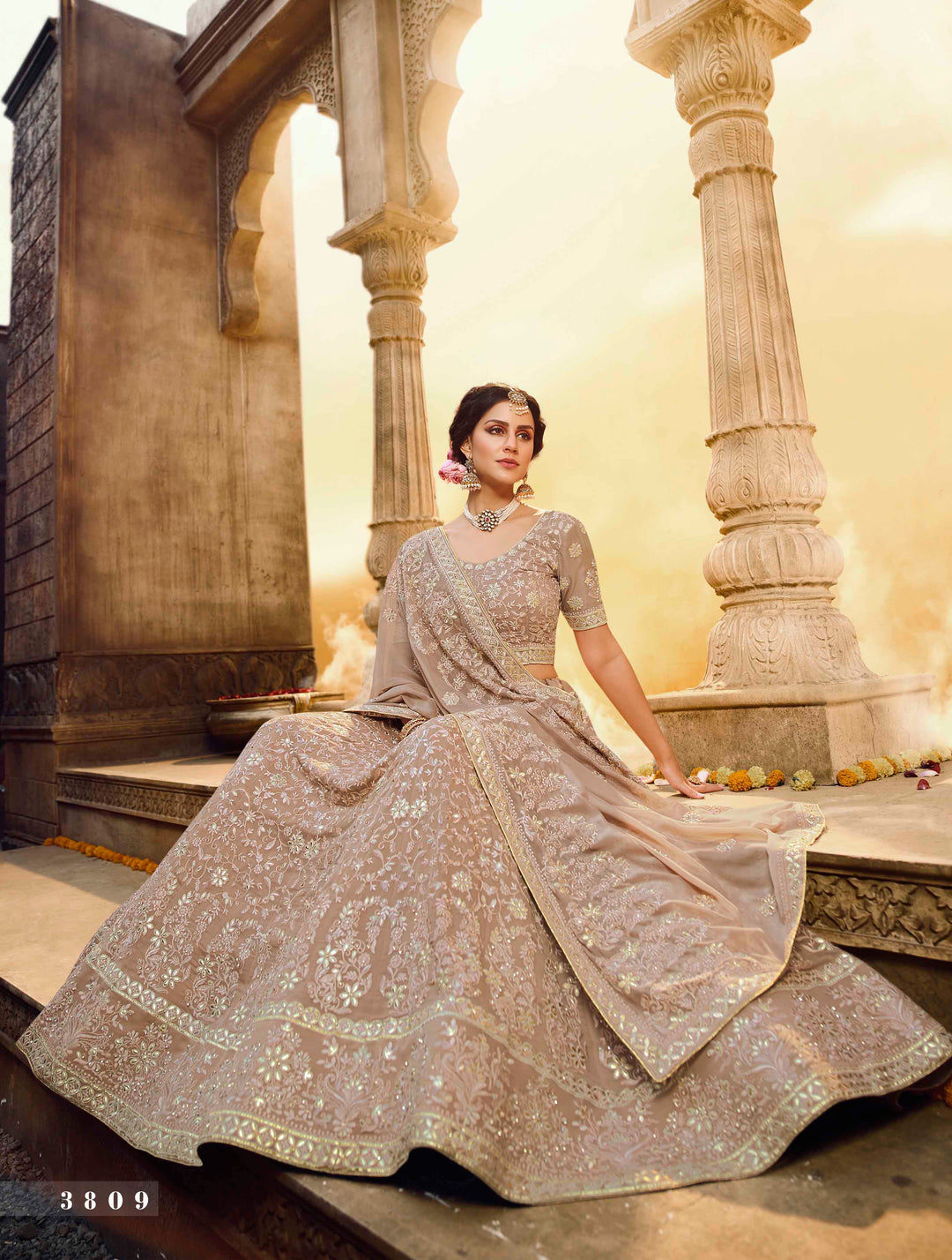 Semi-Stitched Light Brown Lehenga | Georgette with Unstitched Blouse