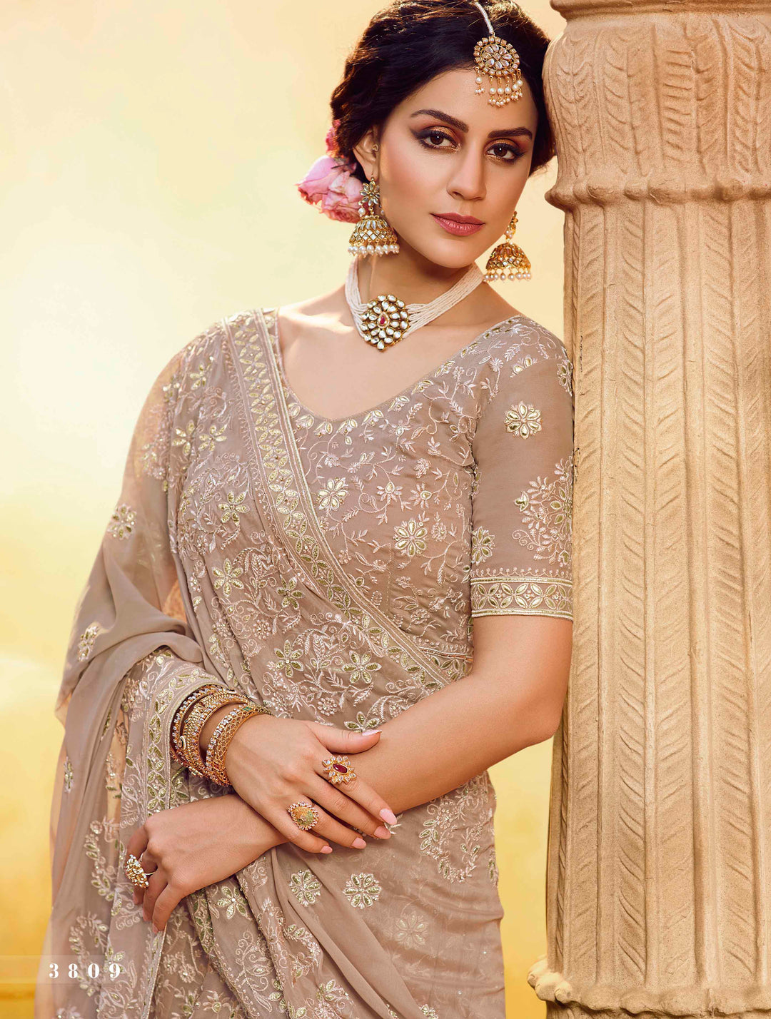 Semi-Stitched Light Brown Lehenga | Georgette with Unstitched Blouse