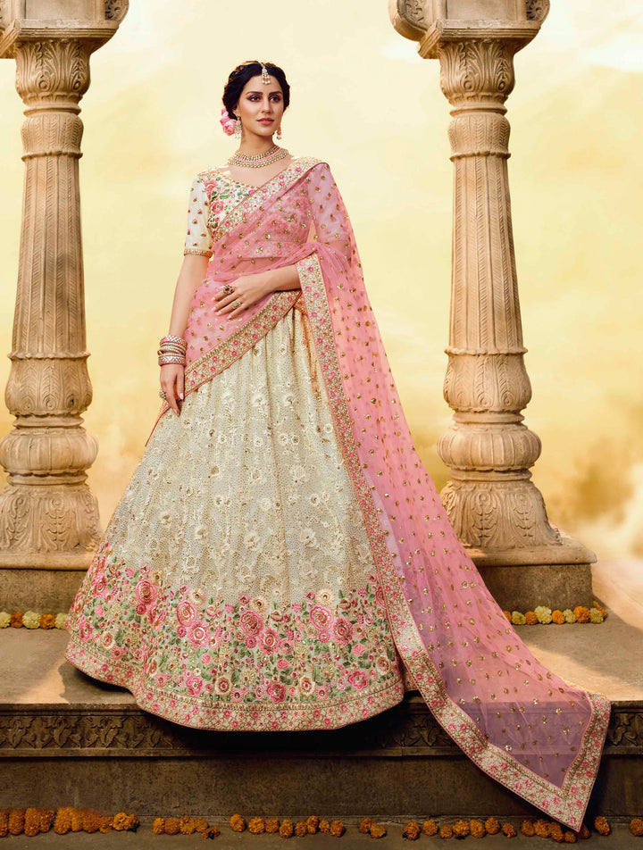 Elegant White Designer Lehenga | Georgette with Pink Net Dupatta