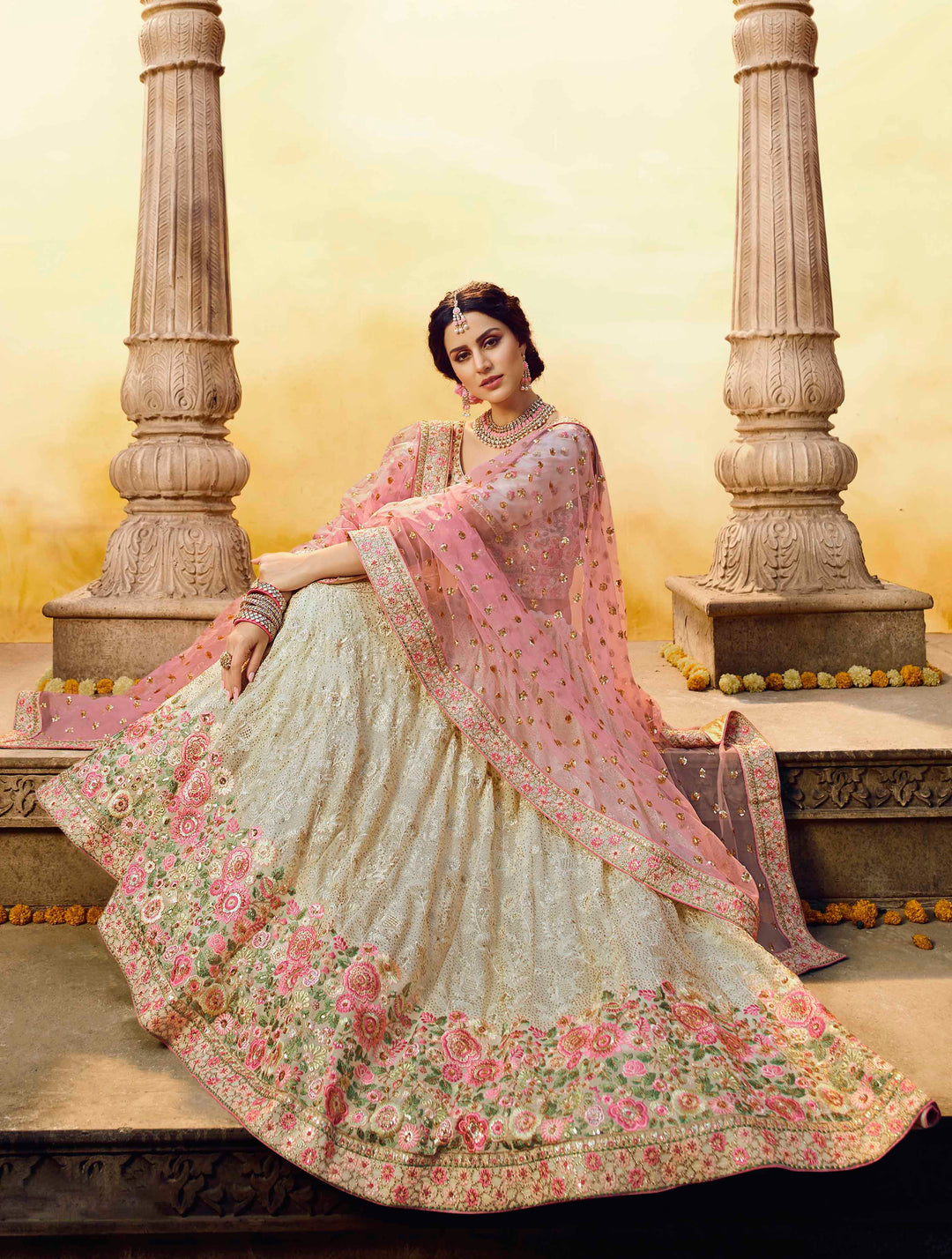 Elegant White Designer Lehenga | Georgette with Pink Net Dupatta