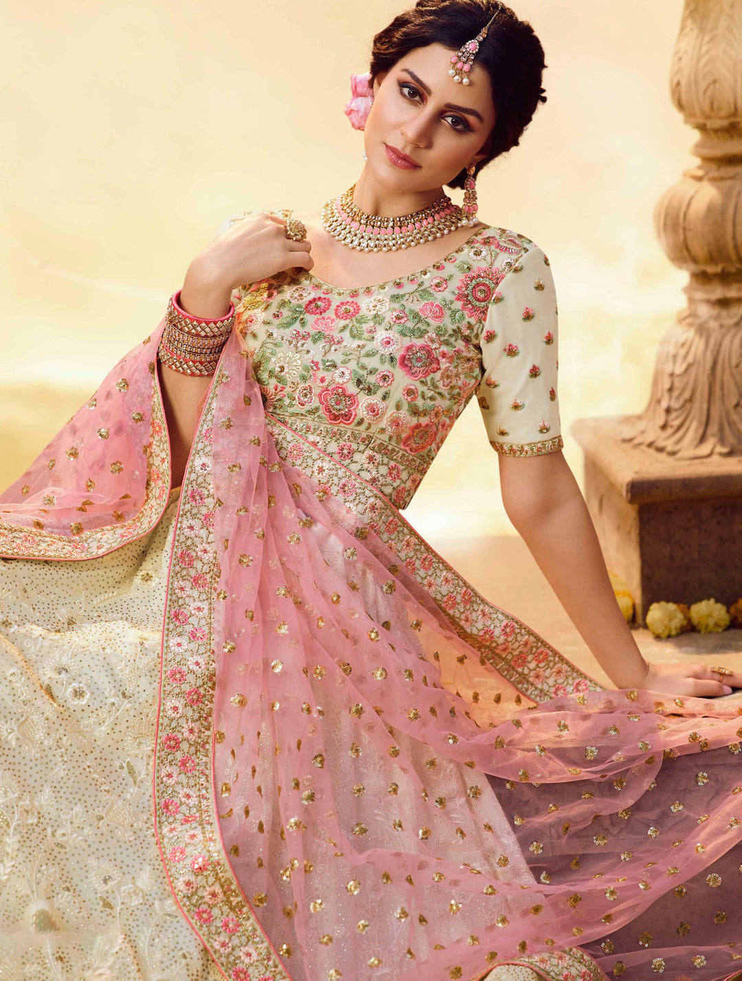 Elegant White Designer Lehenga | Georgette with Pink Net Dupatta