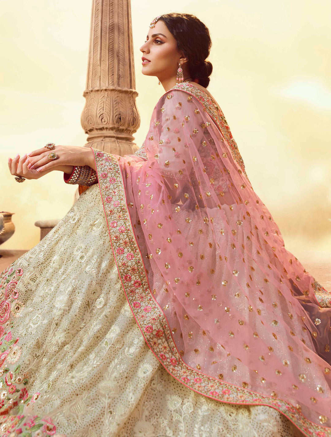 Elegant White Designer Lehenga | Georgette with Pink Net Dupatta