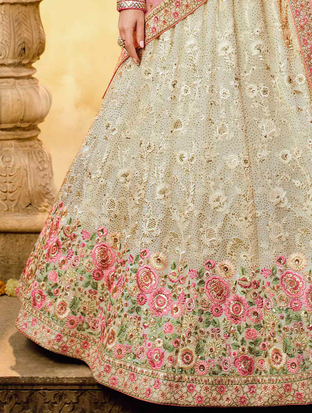 Elegant White Designer Lehenga | Georgette with Pink Net Dupatta