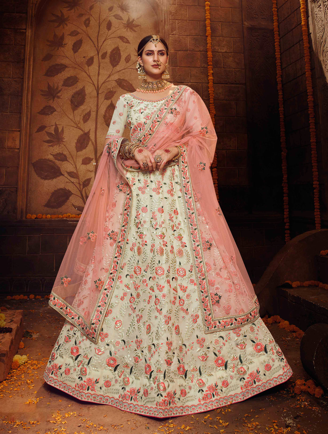 Elegant Bridal Lehenga Choli | Off-White Georgette with Matching Dupatta