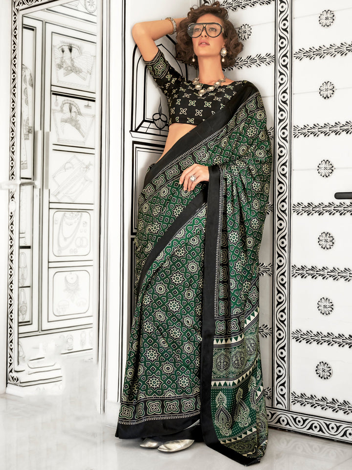 Green satin saree crafted for elegance and style.