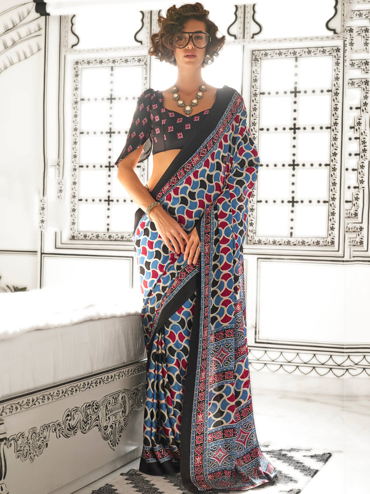 Black satin saree crafted for elegance and style.