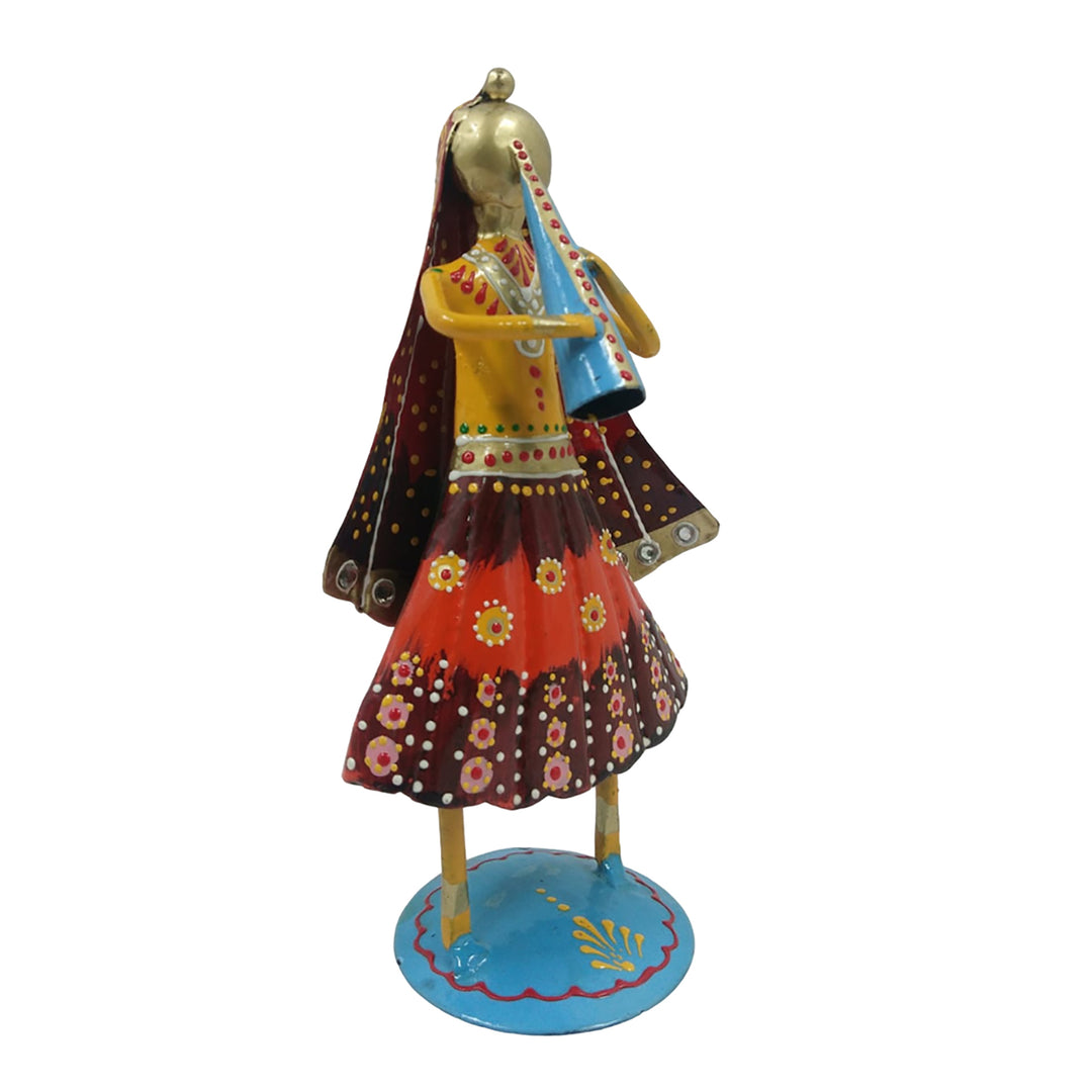 Handcrafted multi-color iron lady playing a musical instrument, ideal for decor.