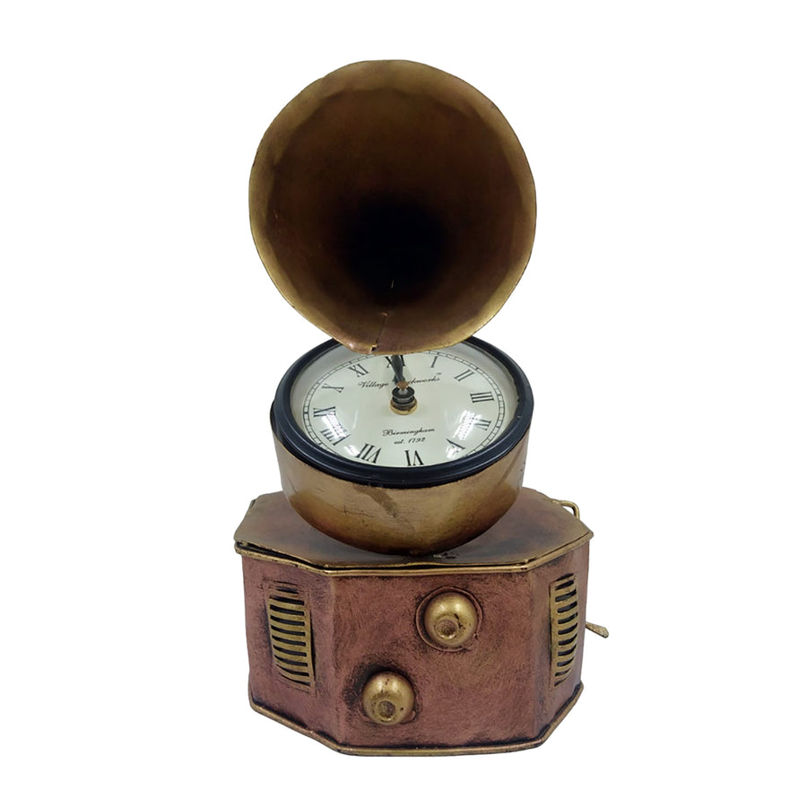 Elegant copper golden gramophone clock, a vintage home accent that adds charm to any decor.