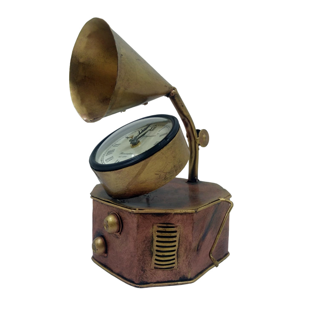 Vintage-inspired copper golden gramophone clock, ideal for collectors and antique lovers.