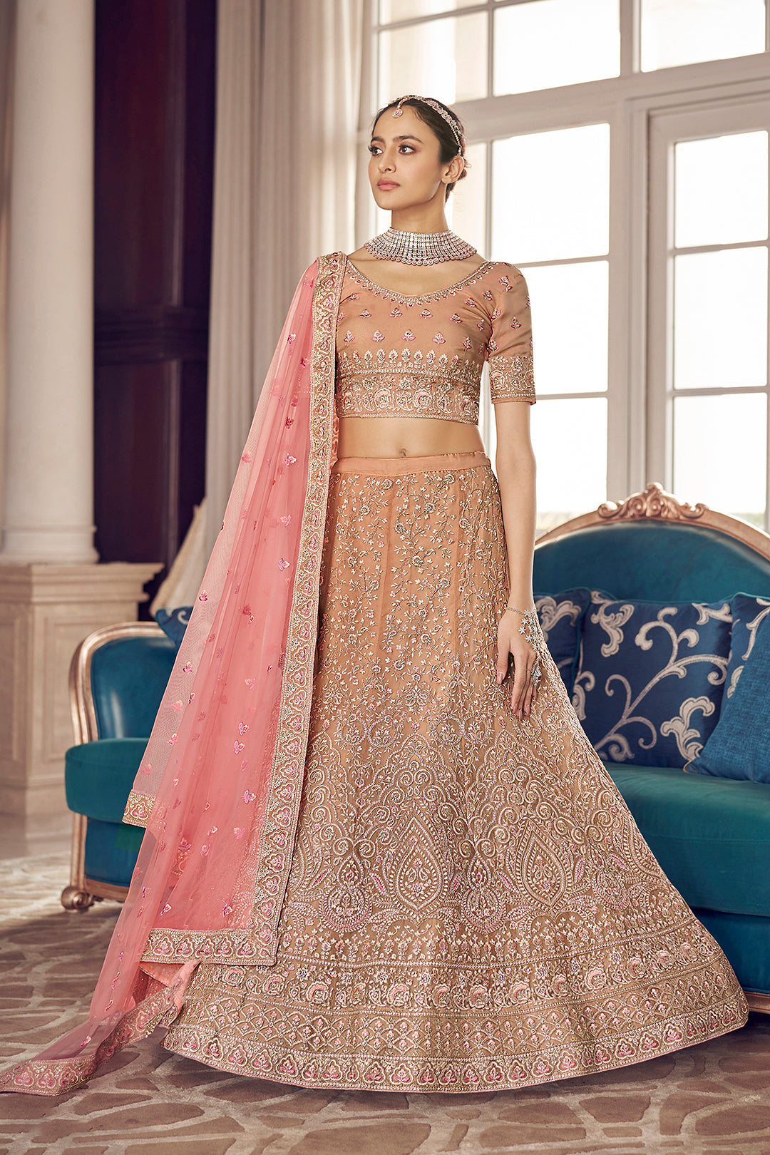 Designer Peach Lehenga Choli | Thread Work Organza Outfit for Celebrations