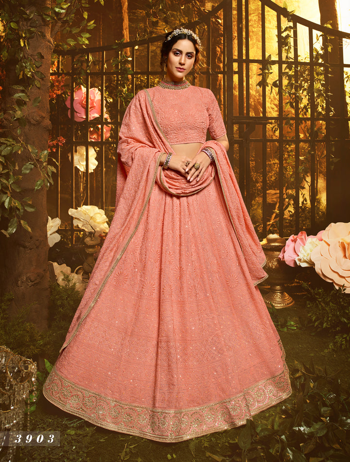 Elegant Peach Lehenga | Georgette Bridal Set with Thread & Sequin Work