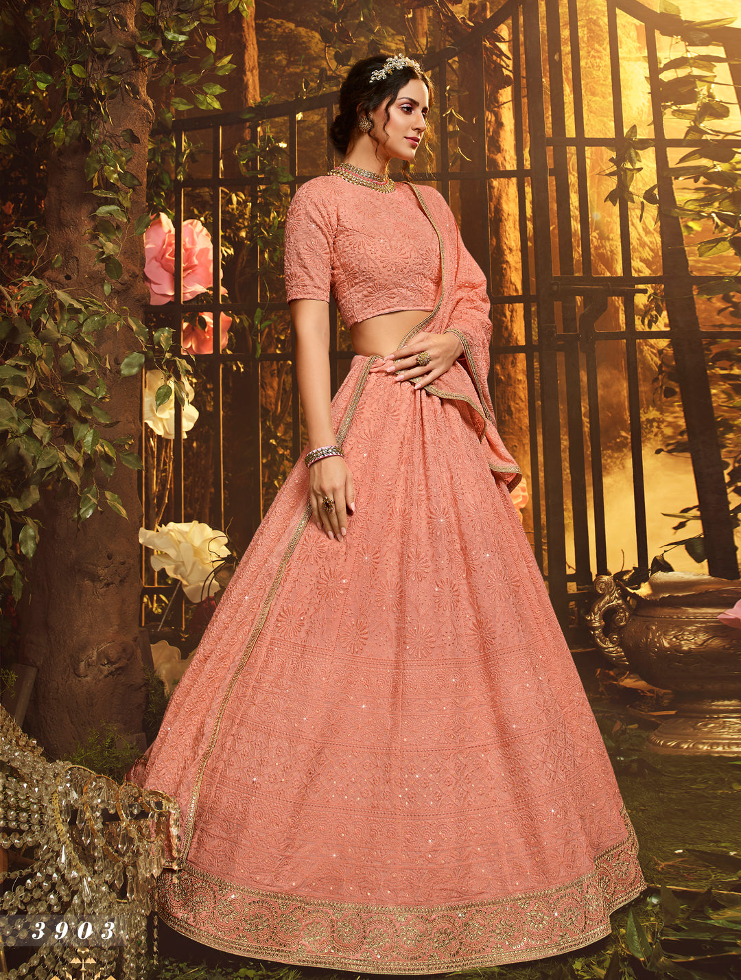 Elegant Peach Lehenga | Georgette Bridal Set with Thread & Sequin Work