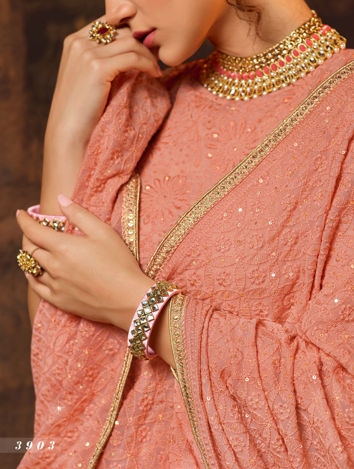 Elegant Peach Lehenga | Georgette Bridal Set with Thread & Sequin Work