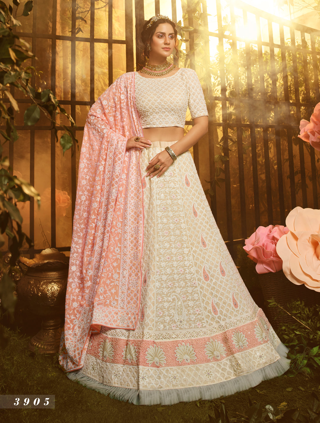 White Lehenga Set | Georgette Bridal Ensemble with Sequin & Moti Work