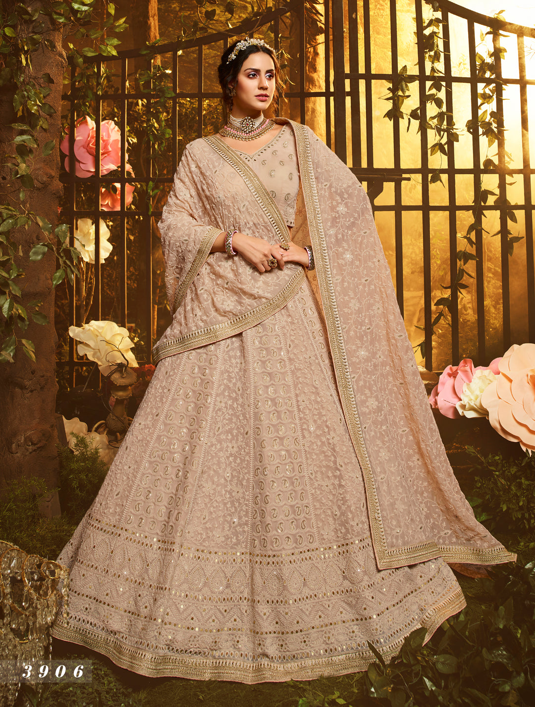 Light Brown Georgette Lehenga | Stylish Lehenga Set with Dori Work