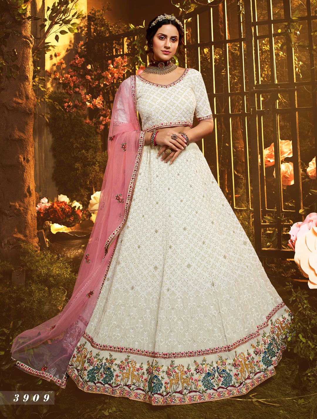 White Georgette Lehenga | Intricate Thread, Moti & Zarkan Work