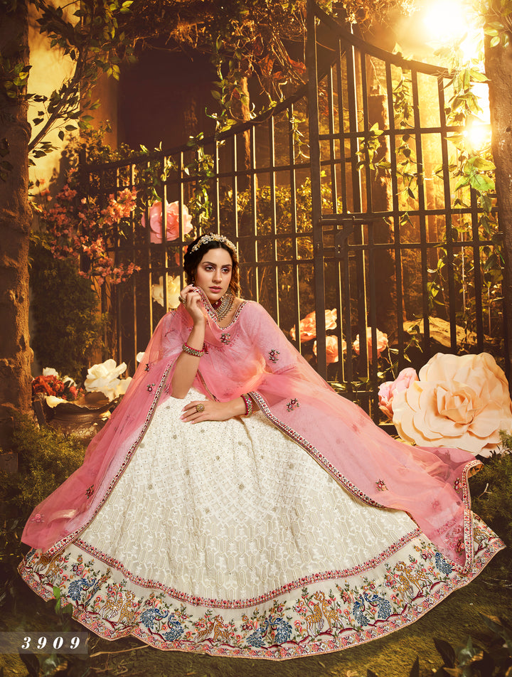 White Georgette Lehenga | Intricate Thread, Moti & Zarkan Work