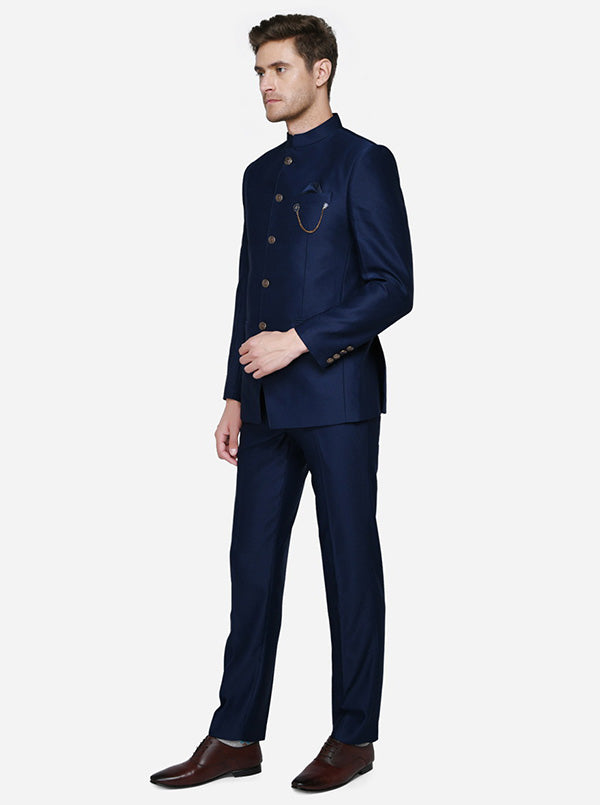 Elegant Navy Blue Jodhpuri Suit for men, crafted from self-textured terry rayon for weddings and special events.