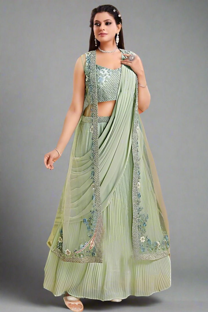 Gorgeous pista green wedding saree showcasing a stylish blend of tradition and modernity, complete with an elegant blouse.