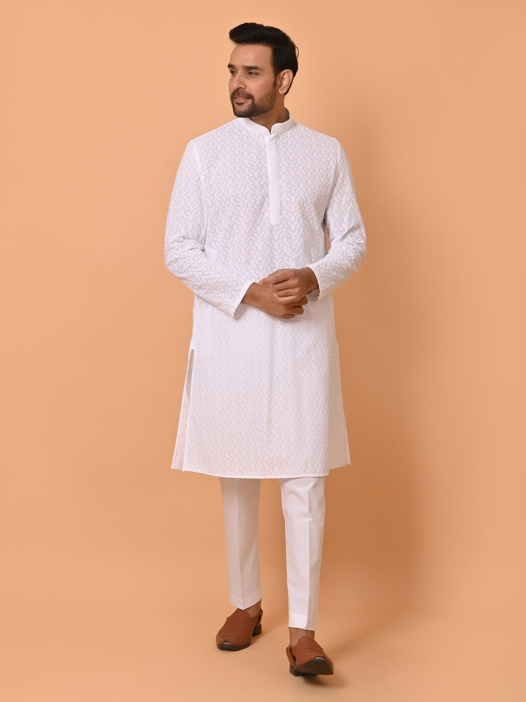 Leafs White Kurta Set | Chikan Cotton Blend Full Sleeves for Festive Occasions