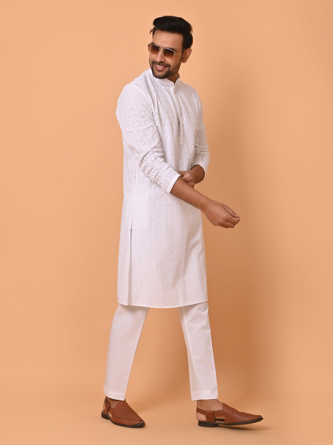 Leafs White Kurta Set | Chikan Cotton Blend Full Sleeves for Festive Occasions