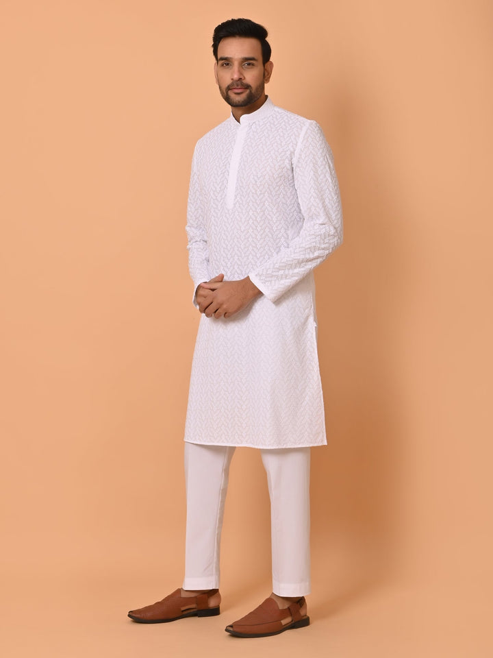 Leafs White Kurta Set | Chikan Cotton Blend Full Sleeves for Festive Occasions