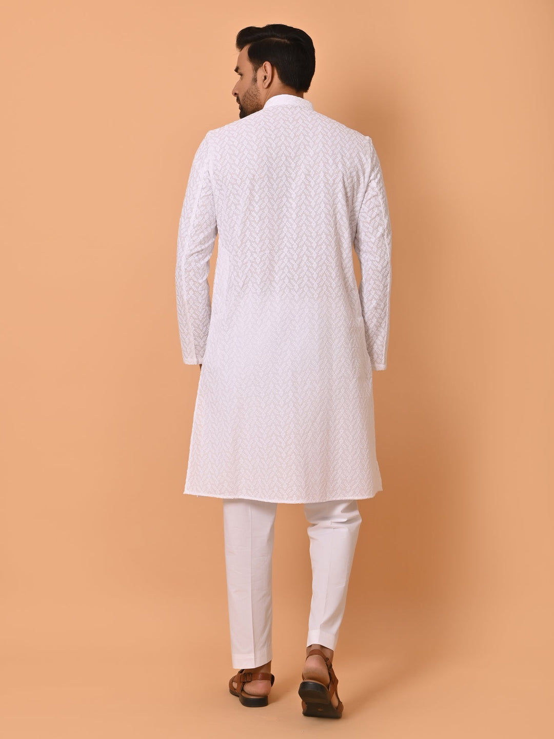 Leafs White Kurta Set | Chikan Cotton Blend Full Sleeves for Festive Occasions