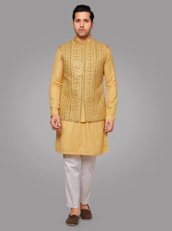 Yellow Kurta Pajama with Koti for men, perfect for festive Haldi functions.