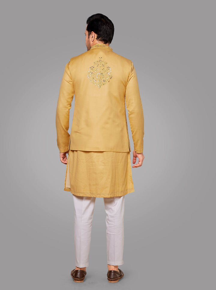 Traditional Yellow Kurta Pajama with Koti, perfect for Haldi and wedding wear.