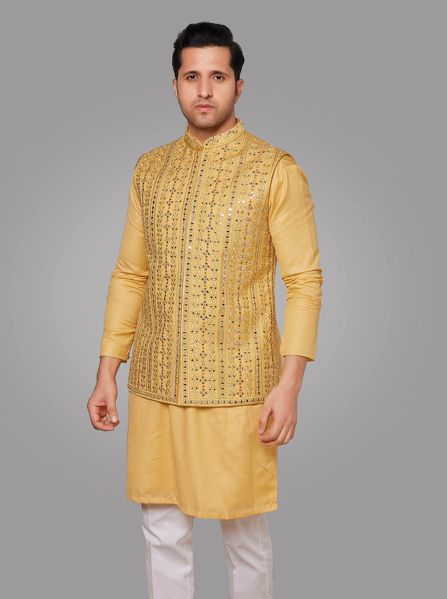 Silk Blend Yellow Kurta Pajama with Koti for men, traditional and embroidered.