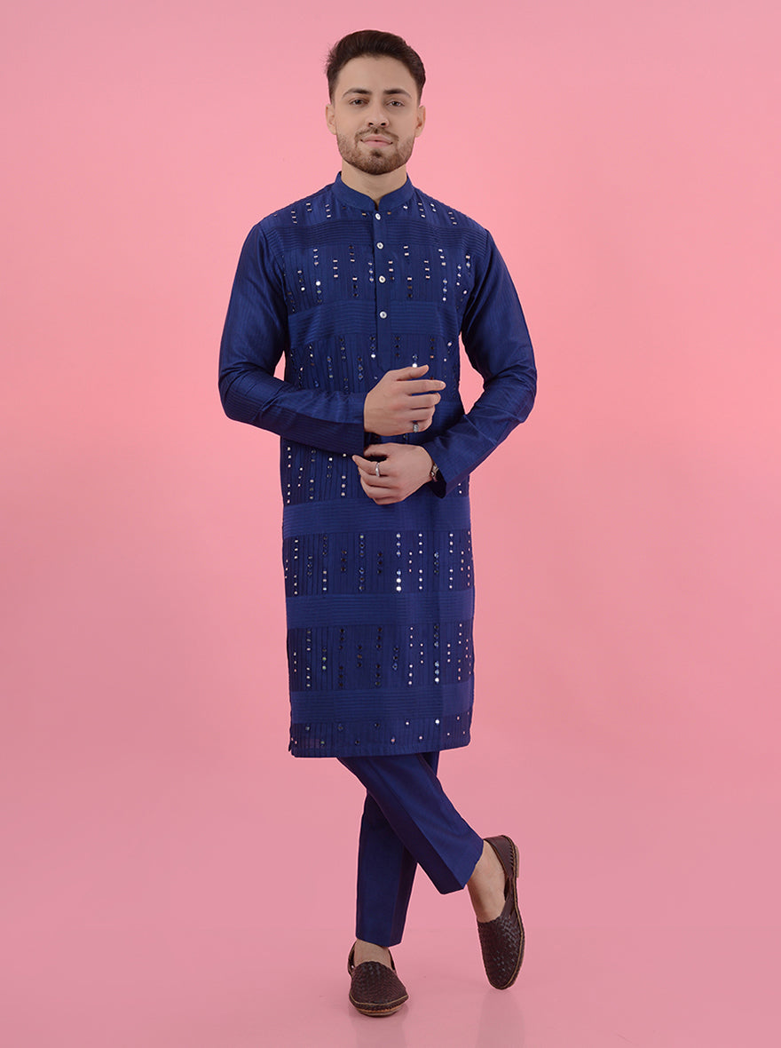 Exquisite embroidered blue kurta pajama set, perfect for celebrations.