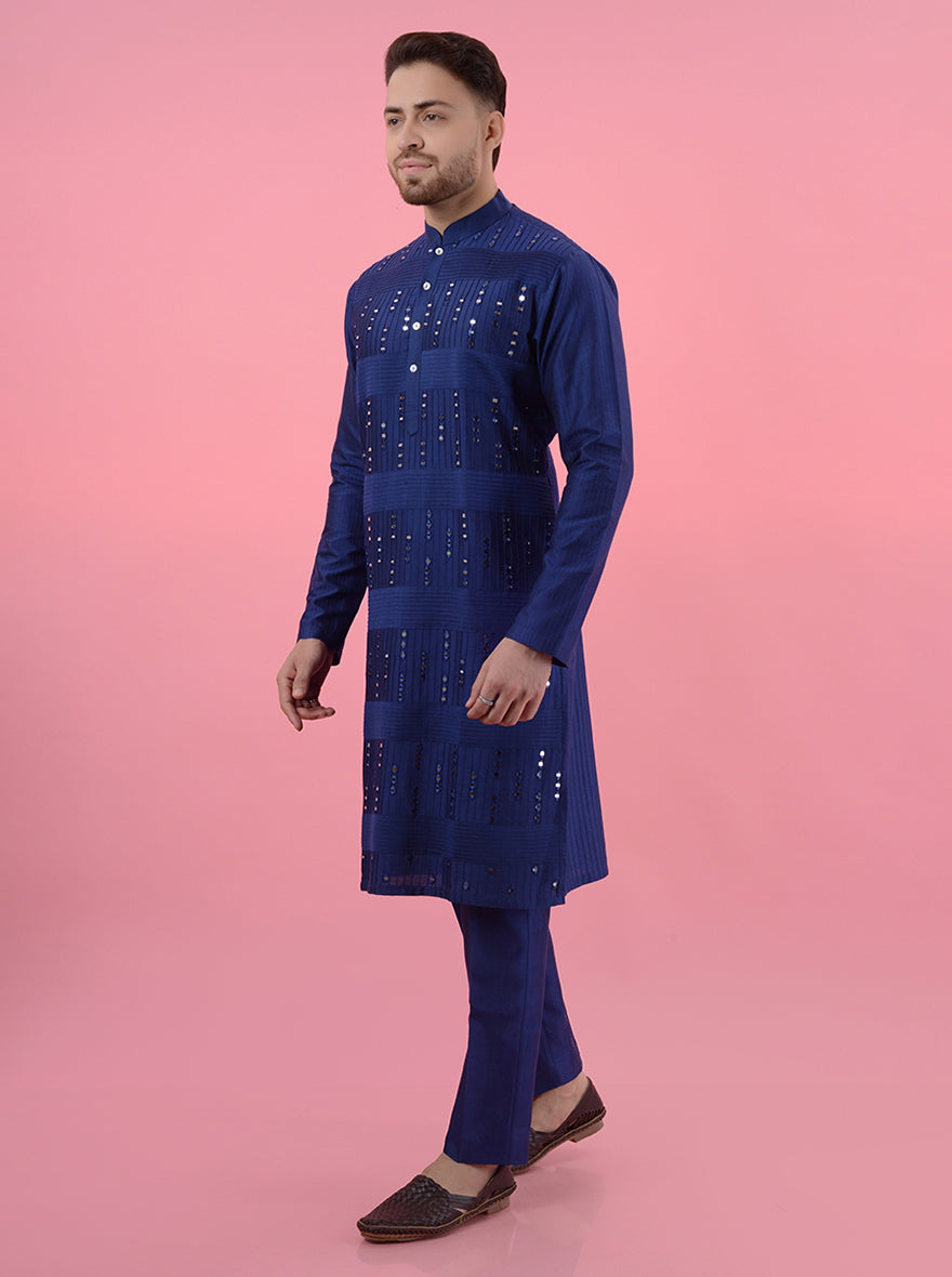 Elegant navy blue embroidered kurta pajama set for men, perfect for weddings and ethnic wear.