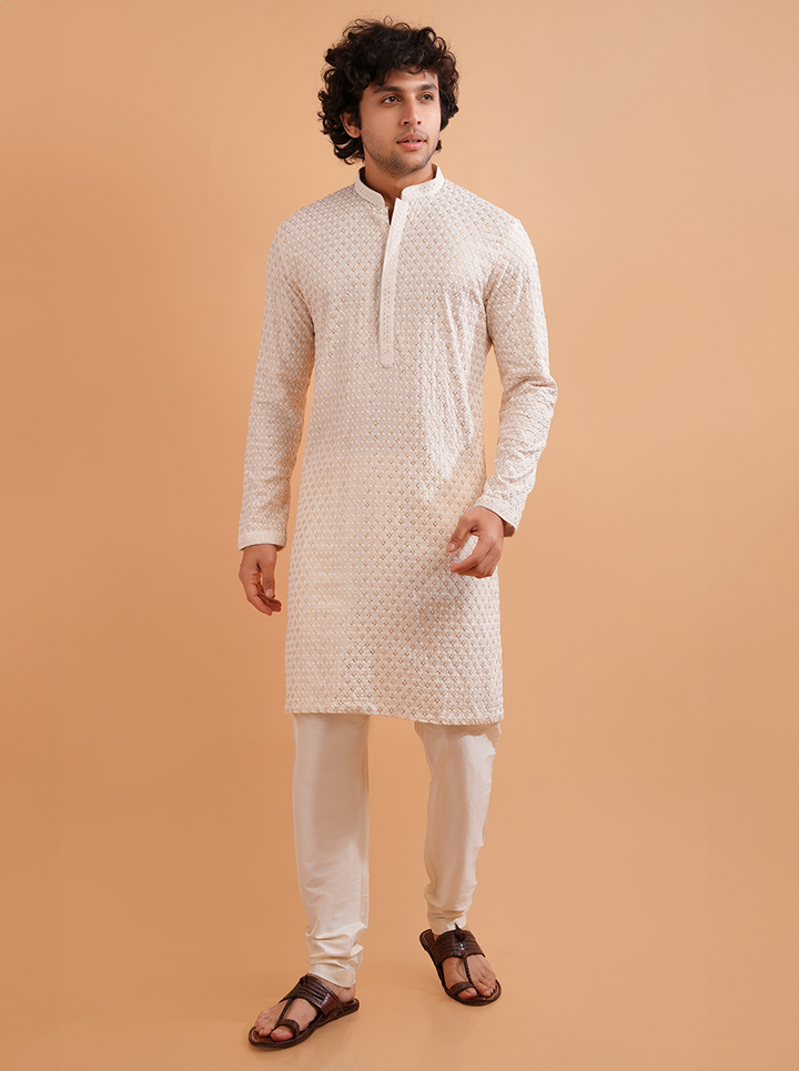 Standout cream silk kurta pajama for men, ideal for USA cultural events and gatherings.