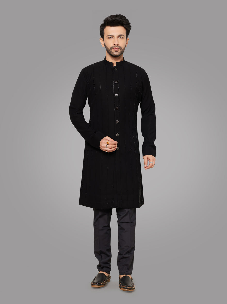 Elegant Black Kurta Set crafted from luxurious silk blend, perfect for festive gatherings and celebrations.