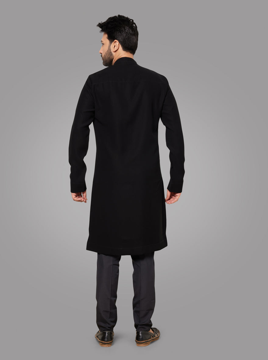 Traditional Black Kurta Pajama with embroidery, stylish and comfortable for men.