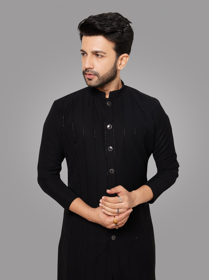 Stylish Black Kurta Pajama in silk blend, adding sophistication to your men's kurta collection in the USA.