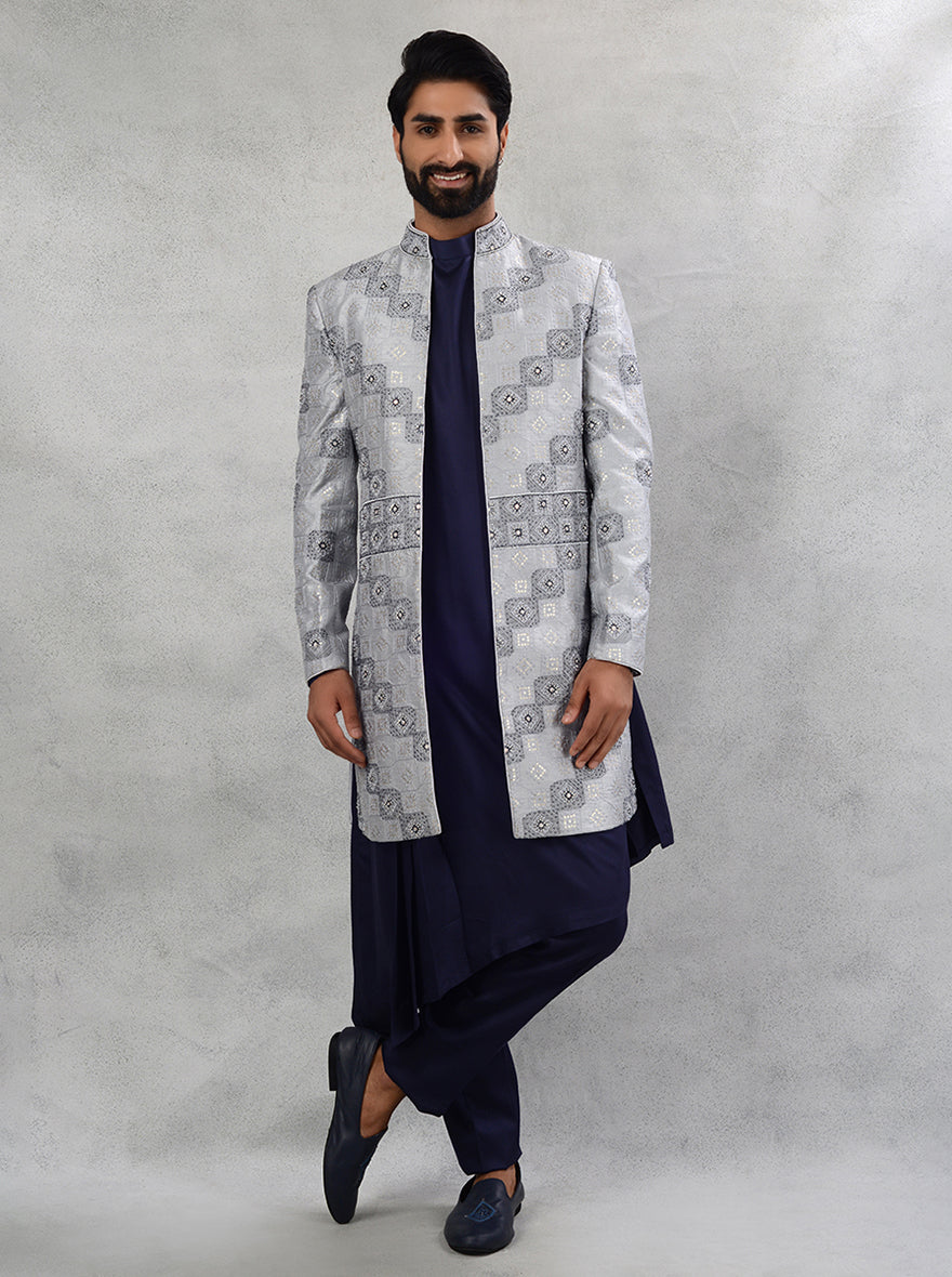 Bluish Grey Silk Blend Indowestern Suit with Resham & Sequins embroidery.