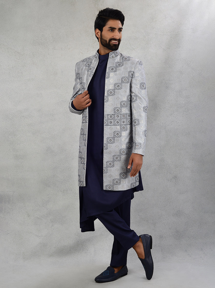 Elegant Bluish Grey Indowestern with drape style kurta for sangeet.