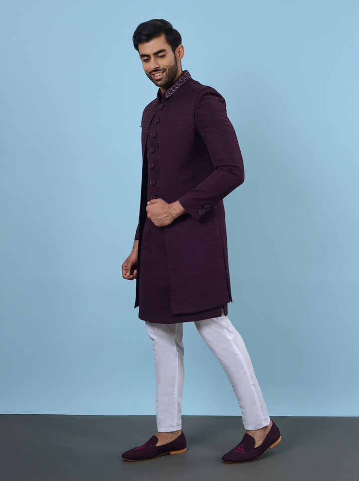 Premium embroidered wine jacquard Indo Western kurta for men