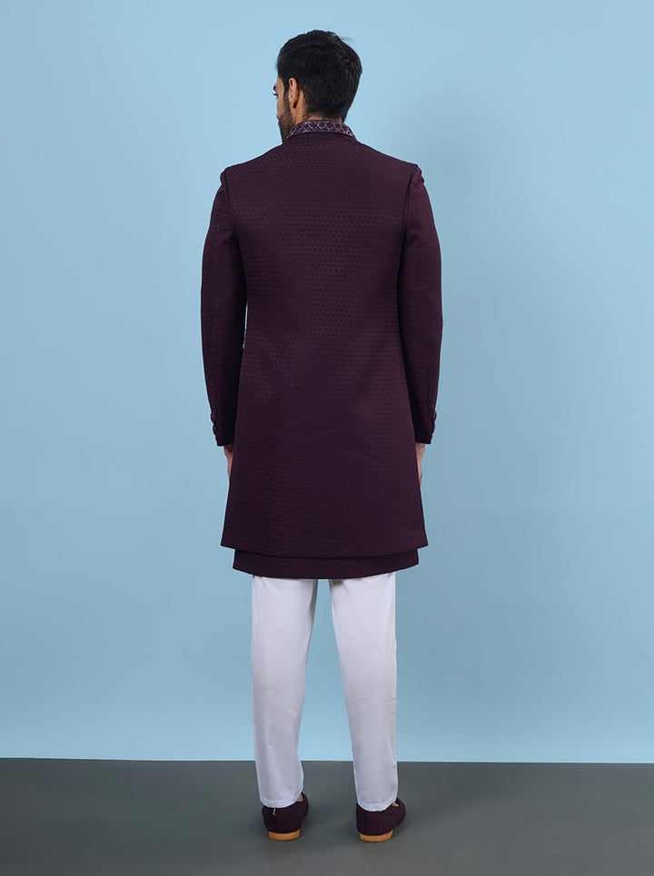 Stylish regular fit wine Indo Western kurta with unique jacquard design