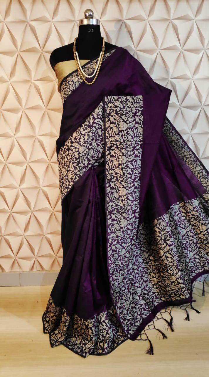 Vibrant purple Banglori raw silk saree with intricate pallu weaving, perfect for festive occasions.