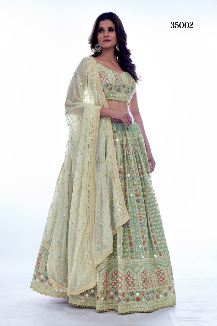 Elegant Pista Green Georgette Lehenga Set | Floral & Geometric Design with Sequins