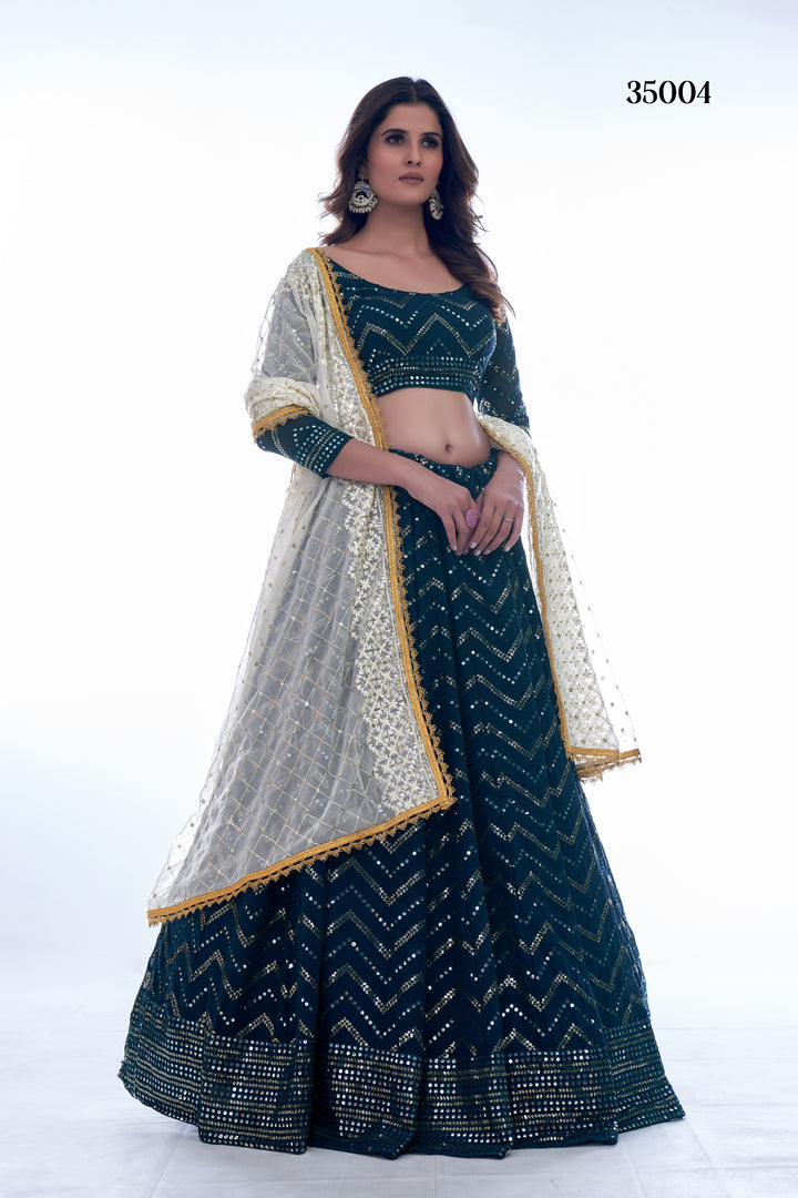 Prussian Blue Georgette Lehenga Set | Chevron Pattern, Thread Work & Sequins