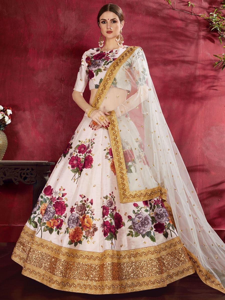 Off-white lehenga choli with floral print and sequins embroidery