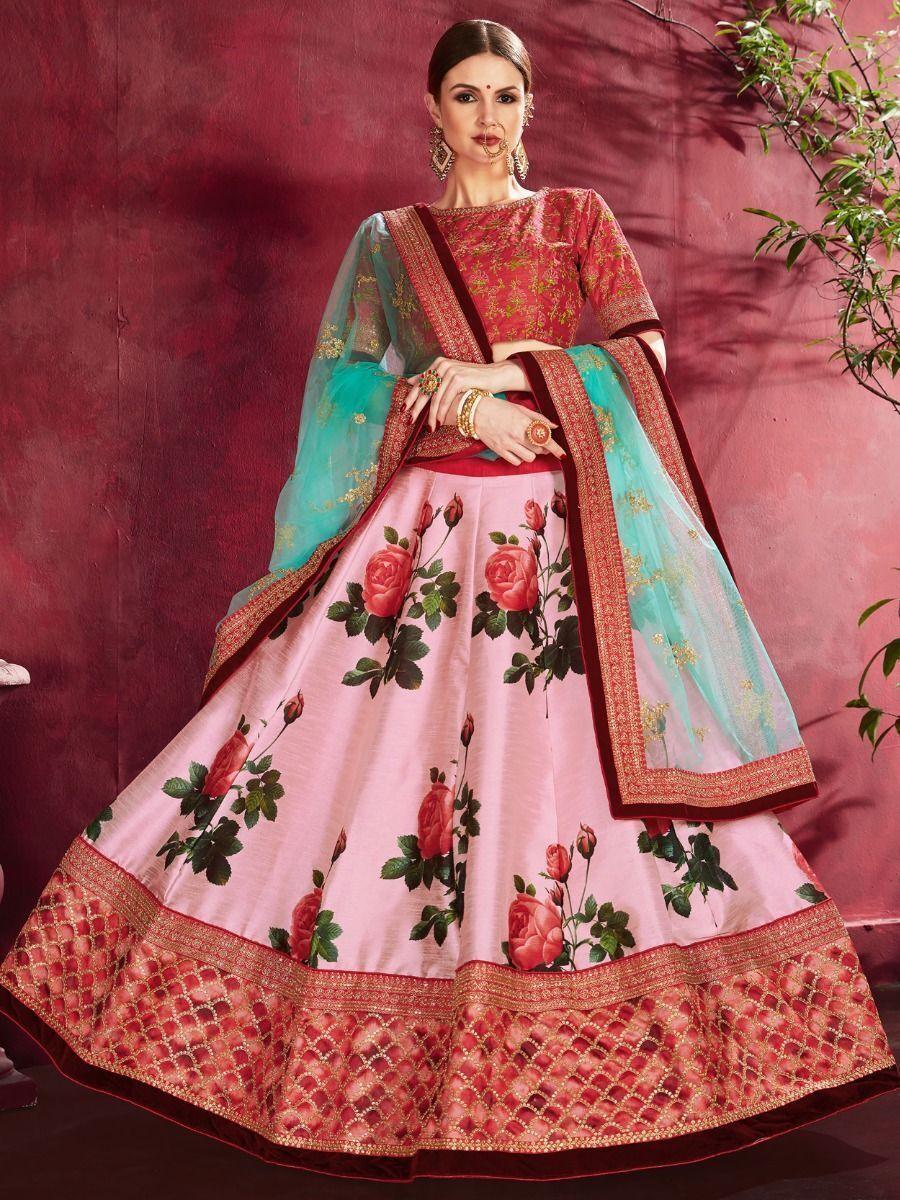 Elegant rose-pink lehenga with sequins work and lace border dupatta