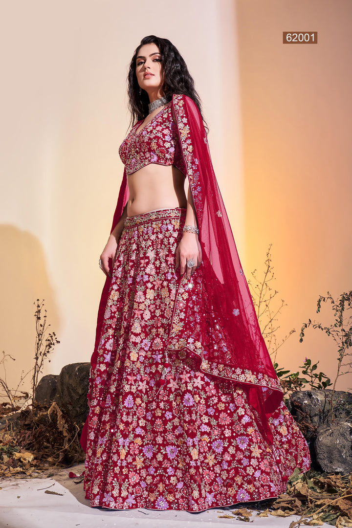 Elegant Handwork Soft Net Lehenga | Bridal Outfit with Thread Details