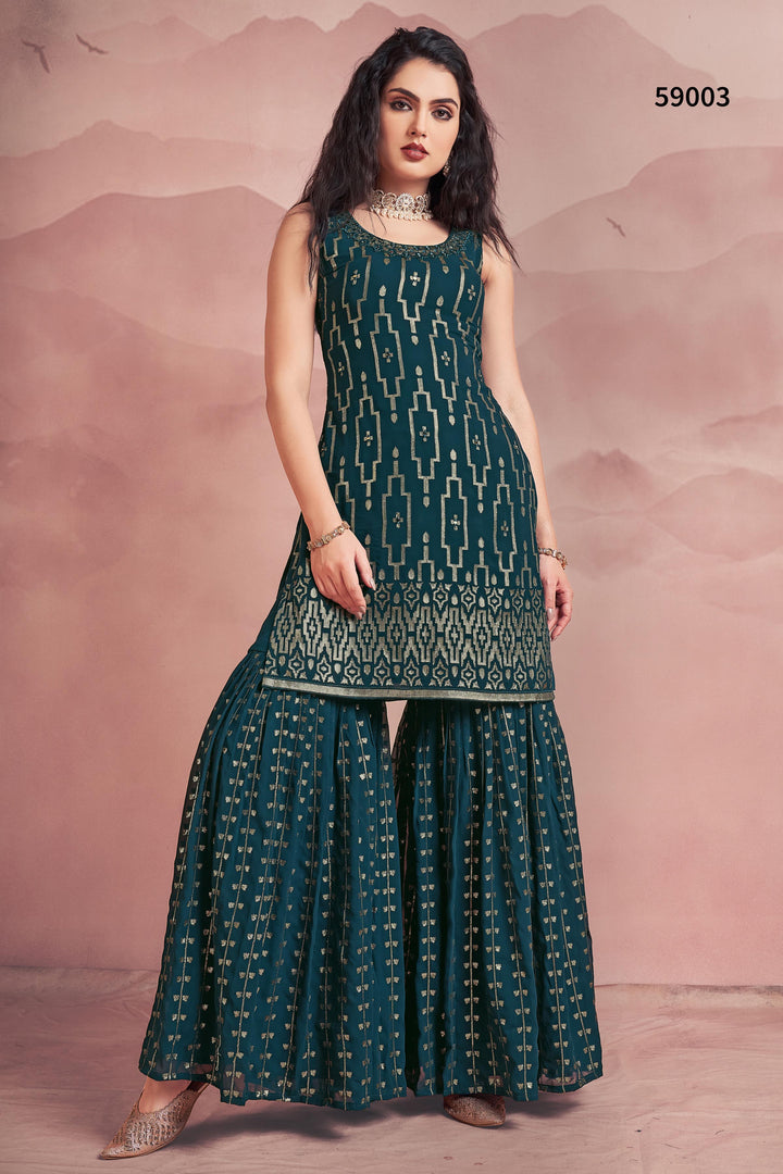 Rama Blue Kurti Set | Georgette Sharara with Sequins Work